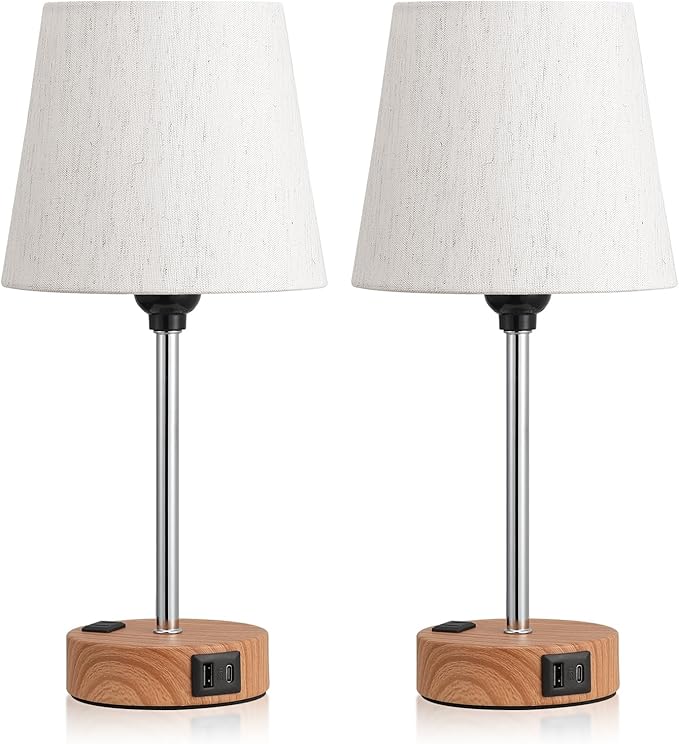 Bedside Lamps for bedrooms Set of 2 - Nightstand Bedroom Lamp with USB C Port and AC Outlet Charging, 3 Way Dimmable Touch Control Small Bed Side Table Lamp, Nightstand Light for Kids
