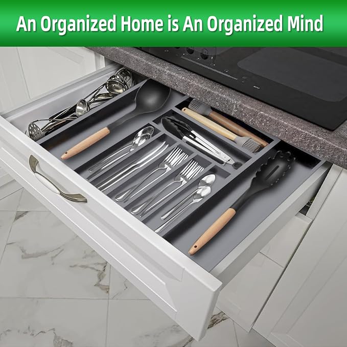 Silverware Organizer Kitchen Drawer Organizer Utensil Organizer Bamboo Silverware Holder Cutlery Organizer in Drawer Flatware Organizer Tray(9 slots, Gray)