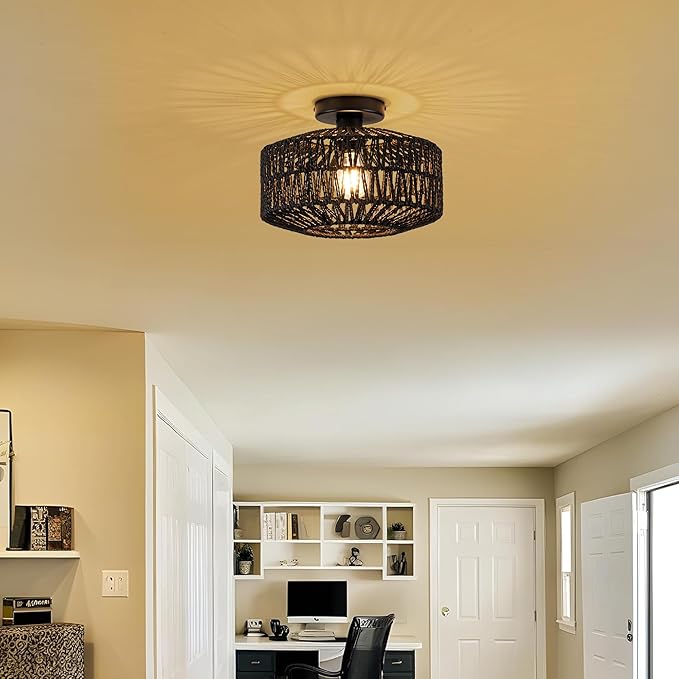 MAYNA Boho Ceiling Light Fixture, Black Rattan Light Fixtures Ceiling Mount,Mini Hand Woven Rattan Chandelier Light Fixtures for Bedroom Kitchen Entryway Living Room Hallway, Bulb NOT Included
