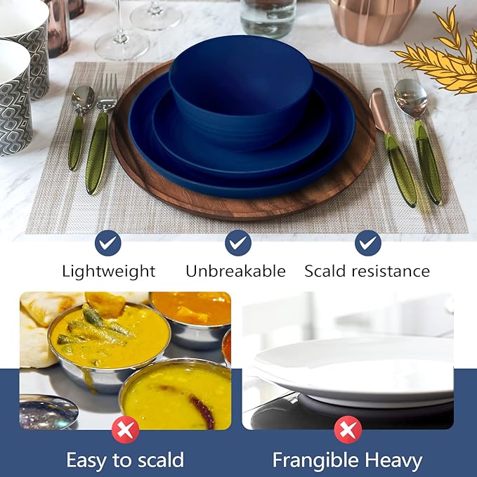 Teivio 16-Piece Kitchen Plastic Wheat Straw Dinnerware Set, Service for 4, Dinner Plates, Dessert Plate, Cereal Bowls, Cups, Unbreakable Plastic Outdoor Camping Dishes, Midnight Blue