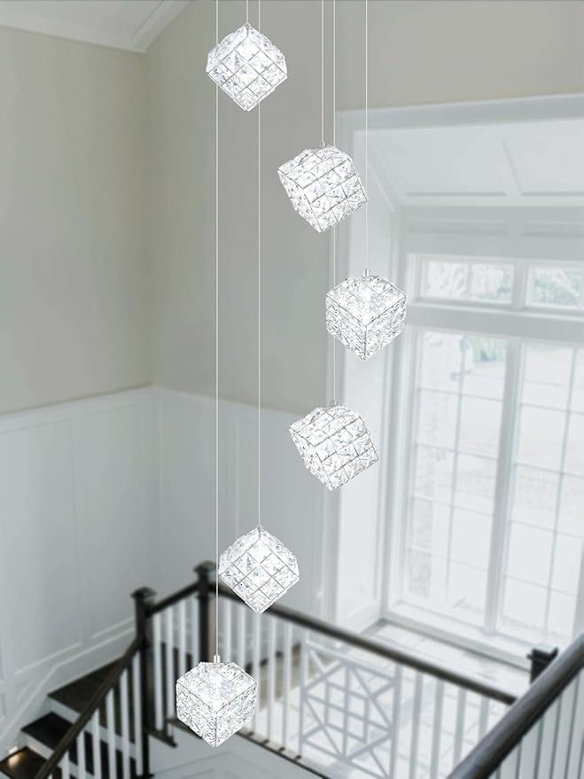 6-Lights Crystal Chandeliers for Staircases Modern Chandeliers for High Ceilings Crystal Pendant Light Fixture for Living Room Kitchen Island Foyer Hallway Bar