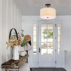 Semi Flush Mount Ceiling Light, 3-Light Black Modern Drum Ceiling Light Fixture with Linen Fabric Shade, Farmhouse Close to Ceiling Lamps for Bedroom Kitchen Living Room Hallway Entryway Closet
