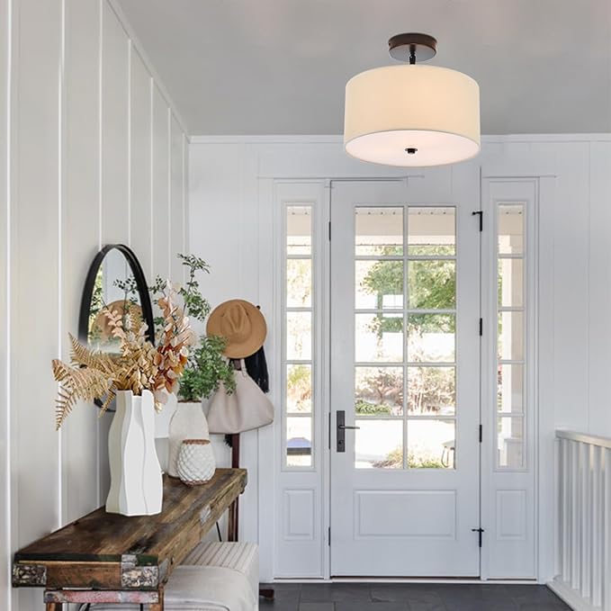 Semi Flush Mount Ceiling Light, 3-Light Black Modern Drum Ceiling Light Fixture with Linen Fabric Shade, Farmhouse Close to Ceiling Lamps for Bedroom Kitchen Living Room Hallway Entryway Closet