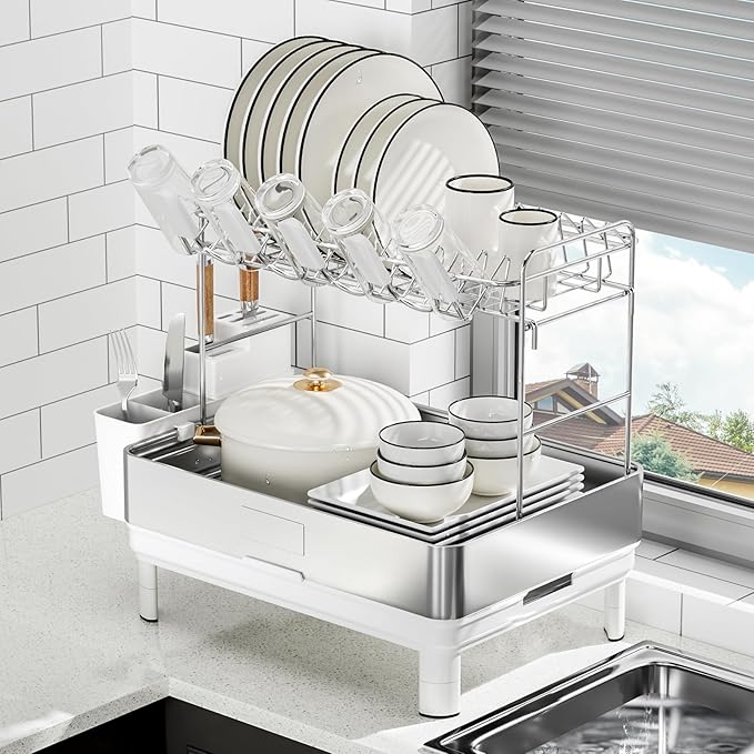Dish Drying Rack, 2 Tier Large Dish Rack, Stainless Steel Dish Drainer for Kitchen Counter, Dishes Rack with Automatic Drainage, Utensil Holder,Cups Holder,Space Saving Kitchen Organizer,White