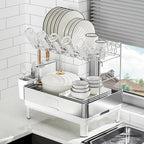 Dish Drying Rack, 2 Tier Large Dish Rack, Stainless Steel Dish Drainer for Kitchen Counter, Dishes Rack with Automatic Drainage, Utensil Holder,Cups Holder,Space Saving Kitchen Organizer,White