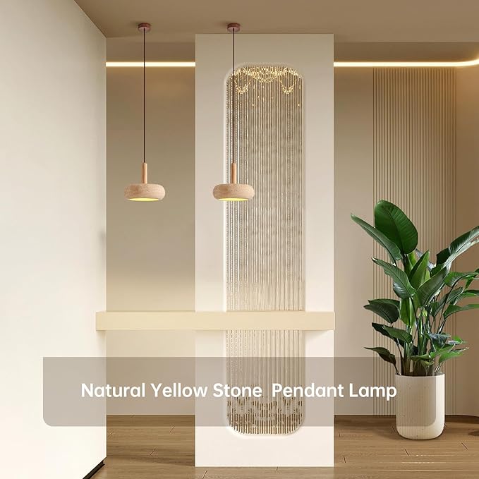 Wabi Sabi Pendant Light Natural Stone Shade Nordic Wood Chandelier,Yellow Travertine Cave Lamp, Japanese Style Lights 15W,Natural Stone Lights for Dining Room Bedside Kitchen Island Hallway