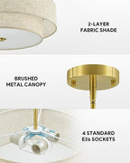 VONLUCE Modern Chandeliers, 18" Drum Chandeliers with 2-Layer Fabric Shade, 4-Light Pendant Light Fixture with E26 Bases, Light Fixture for Dining Room Bedroom Living Room, Linen Shade & Brass Finish