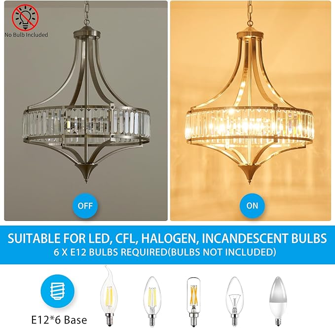 XINGQI Large Crystal Chandelier 21.6" Brushed Nickel Chandeliers for Dining Room, Rustic Farmhouse Pendant 6-Light with Round Metal Shade for Living Room Kitchen Bedroom Office