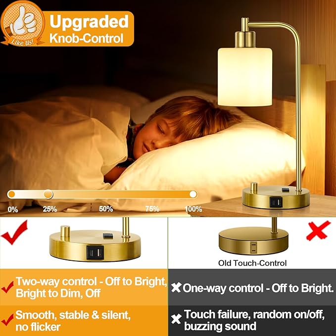 Lynnoland Set of 2 Industrial Table Lamps with USB C+A Ports and Outlet, Gold Fully Stepless Dimmable Bedside Lamps, Nightstand Lamp with Opal Glass Shade for Reading Office (2 LED Bulb)