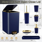 Navy Blue Bathroom Accessories Set 8 Piece Navy Blue and Gold Bathroom Set, Bathroom Sets with Stainless Steel Trash Can,Toilet Brush,Toothbrush Set,Soap Dispenser