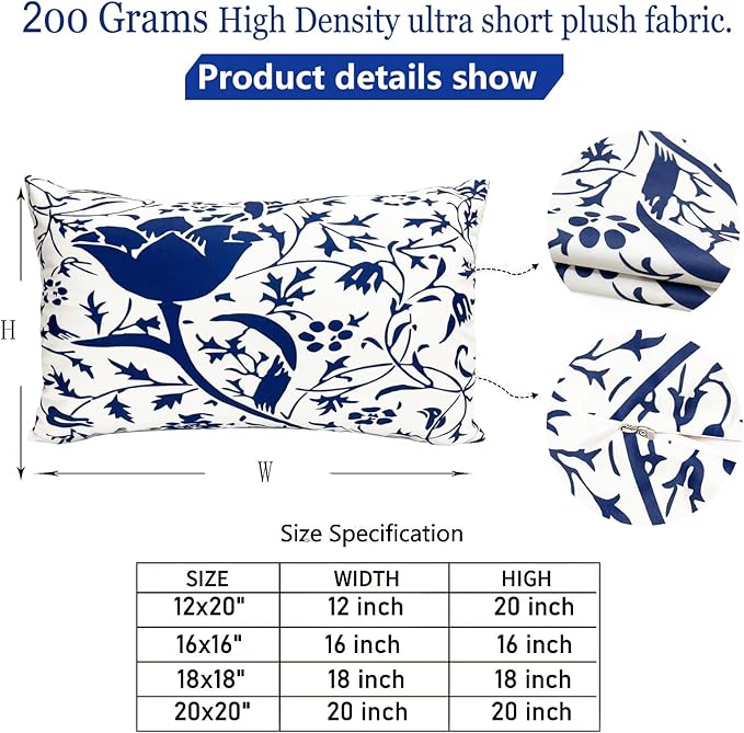 Decorative Throw Pillow Covers Set of 2 Blue Pillow Covers 12x20 inch Short Plush Couch Pillow Cases Floral Throw Pillows,Farmhouse Outdoor Pillow Covers for Sofa Living Room Cushion Covers