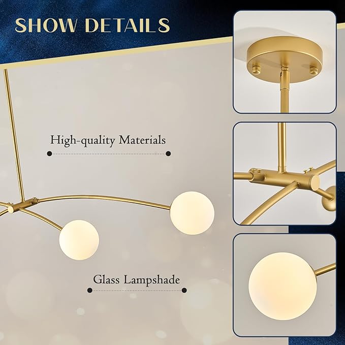 Modern Gold Sputnik Chandelier L51” Mid Century 4 Lights Milk Glass Globe Ceiling Pendant Light Fixture Contemporary for Kitchen Island Dining Room Bar Bedroom Home Office