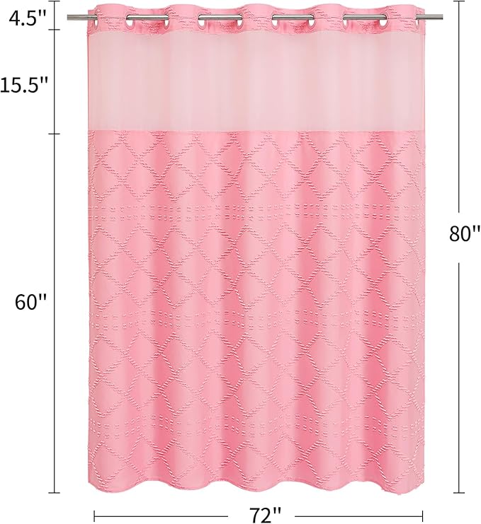 No Hooks Boho Pink Woven Fabric Shower Curtain 72 x 80 Modern Farmhouse, Tufted Chevron Striped Shabby Chic Textured, Minimalist Cloth Hookless Shower Curtains for Bathroom, Hotel Decor
