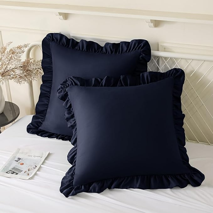 KKJIAF Ruffle Pillow Cases 26x26 Inches, Navy Blue Square Ruffled Pillow Covers Set of 2, Microfiber Wrinkle Resistant Pillow Shams with Envelope Closure for Sofa Bed Living Room