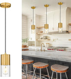 Gold Pendant Lights Kitchen Island, Hanging Lights Fixtures with Cylinder Clear Glass, Modern Brass Kitchen Pendant Lighting Over Island for Dining Room, AD-24023-1P-GD