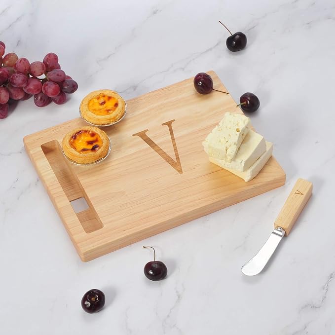 Miicol Wood Charcuterie Board, Monogram Cheese Board 10 Inch, Personalized Initial Cutting Board with Spreader, Unique Housewarming Gift, Ideal for Kitchen, Home, Letter V