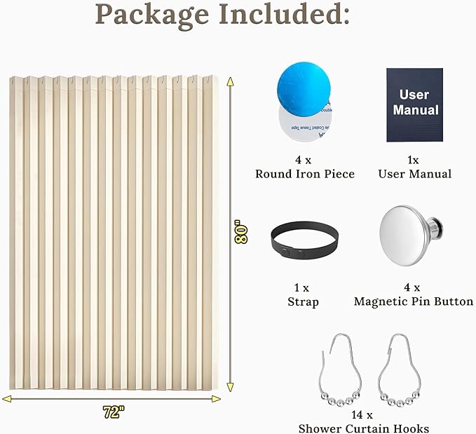 South to East Waterproof Shower Curtain, Heavy Duty Magnetic Folding Linen Shower Curtain, Non-Toxic, 72x80 Magnetic Fabric Bathroom Curtain Sets, Beige