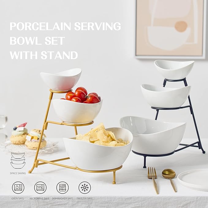 Gomakren 3 Tiered Oval Serving Bowl with Collapsible Metal Rack, Chip and Dip Serving Set, Dessert Appetizer Bowl Set (45oz / 17.5oz / 7oz), White Serving Bowls For Entertaining (Gold Stand)