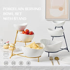 Gomakren 3 Tiered Oval Serving Bowl with Collapsible Metal Rack, Chip and Dip Serving Set, Dessert Appetizer Bowl Set (45oz / 17.5oz / 7oz), White Serving Bowls For Entertaining (Gold Stand)