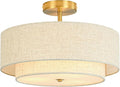 16" Semi Flush Mount Ceiling Light, 3-Light Gold Drum Ceiling Light Fixture with 2-Tier Fabric Linen Shade, Farmhouse Chandelier for Dining Room, Living Room, Bedroom, Kitchen, Hallway, Entryway