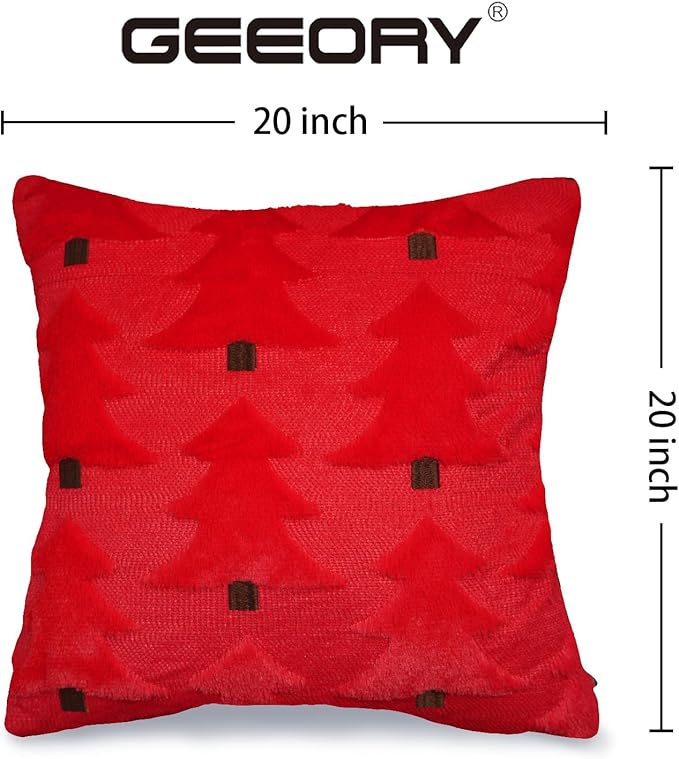 GEEORY Christmas Pillow Covers 20x20 Inch Set of 2, Christmas Decorations Xmas Tree Soft Plush Fluffy Faux Fur Decorative Throw Pillows Farmhouse Winter Cushion Case Red Brown GC035-20