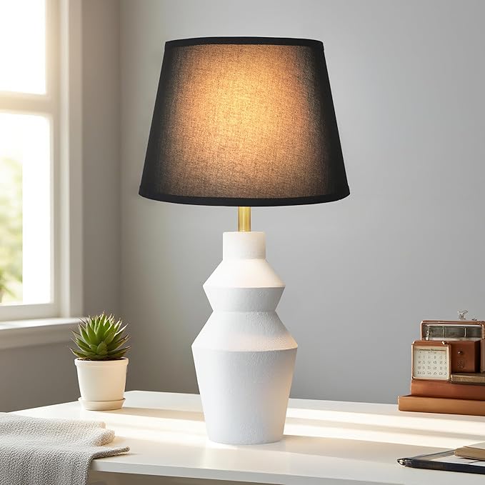 29.7" Modern Table Lamp, Single Farmhouse Rustic Bedside Lamp, White Cement lamp Base with Black Linen Shade, for Bedroom, Living Room Office Kids