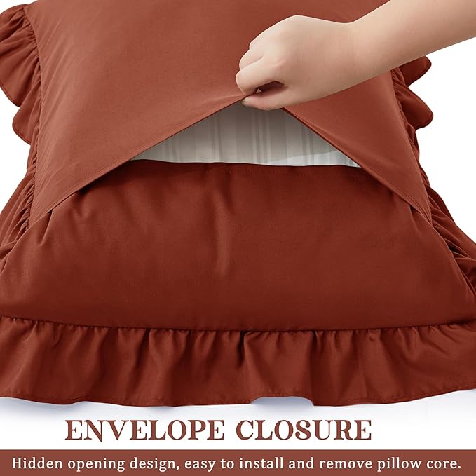 KKJIAF Ruffle Pillow Cases Standard Size Set of 2, Ruffled Pillow Covers with Envelope Closure, Wrinkle Resistant Ruffled Pillow Shams 20" x 26", Dusty Orange