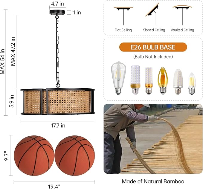 17.7" Farmhouse Rattan Chandelier, 4-Light Large Bohemian Pendant Hanging Light Fixture, Hand Woven Boho Chandelier for Dining Room, Living Room, Kitchen Island, Bedroom, Hallway, Foyer