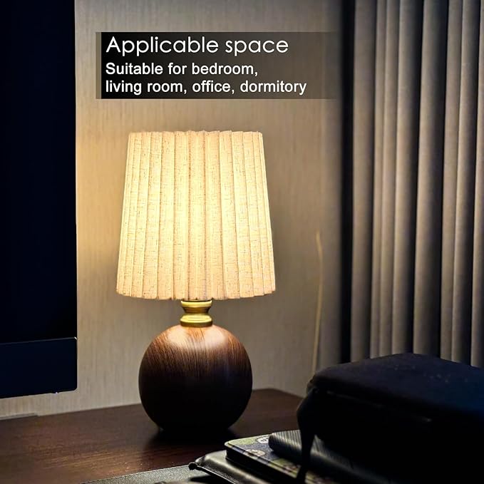 Small Pleated Table Lamp for Bedroom, Bedside Lamps for Nightstand, Dimmable Desk Lamp Ceramic Wood Grain Base Round Flaxen Fabric Shade for Living Room, Kids Room, LED Bulb Included (Modern)