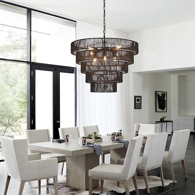 25.6" Large Black Rattan Chandelier Farmhouse 8-Lights Boho Hand Woven Bamboo Black Chandeliers Light Fixture Rustic Drum Wicker Chandelier for Dining Room, Kitchen, Living Room, Bedroom, E12