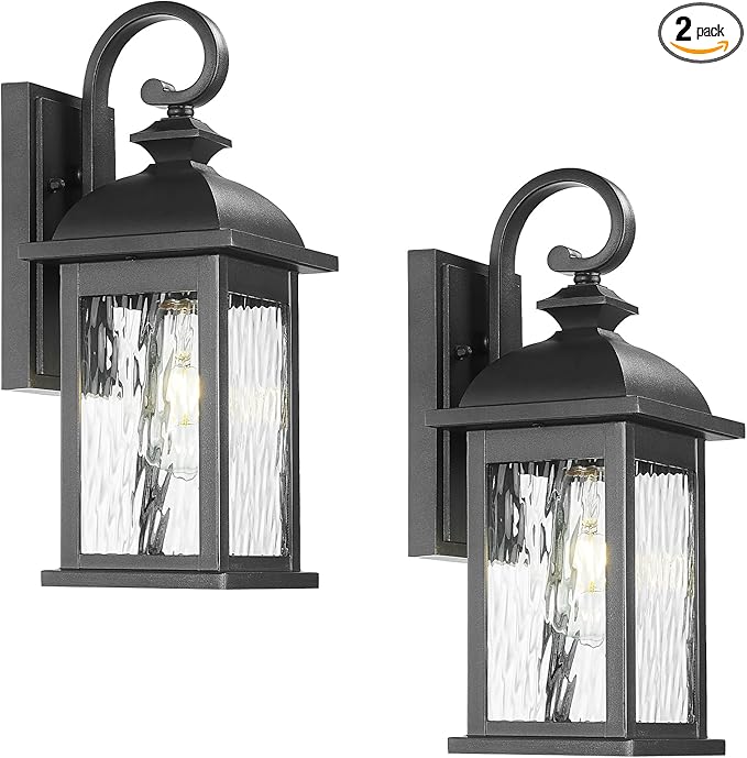 Outdoor Wall Lights 15 Inch Waterproof Porch Lights Outdoor Matte Black Outside Light Fixtures for House with Water Ripple Glass E26 Socket 2 Pack