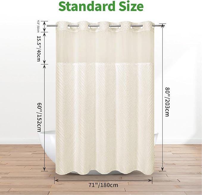 No Hook Shower Curtain and Liner Set,No Hook Tufted Striped Textured Shower Curtain with Snap in Liner Replacement,Boho Style with See Through Top Window,White, Beige/Cream, 71Wx80H