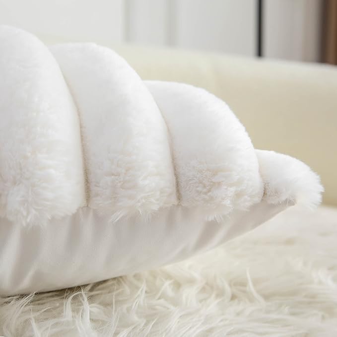 Neelvin Cream White Faux Fur Cozy Soft Striped Decorative Throw Pillow Covers 16x16 inch Set of 2,Velvet Pillowcase Cushion Case for Sofa Couch