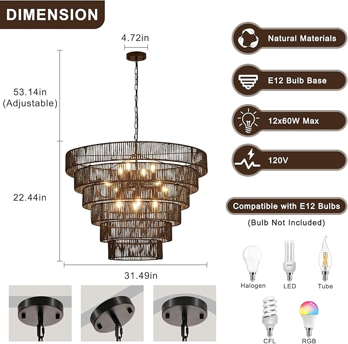 31.49" Large Black Rattan Vintage Farmhouse 12-Light Boho Hand-Woven Bamboo Black Chandeliers Light Fixture Retro Drum Wicker Rattan Chandelier for Dining Room, Kitchen, Living Room, E12
