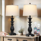 28" Farmhouse Table Lamps Set of 2 for Living Room, 3 Way Dimmable Bedside Lamp with USB C+A Ports & AC Outlet, Resin Vintage Tall Nightstand Lamps for Bedroom Office Hallway, Black