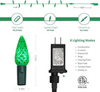 WATERGLIDE C6 Christmas Lights, 33ft 100 LED Faceted String Lights Green Wire Fairy Lights with 29V Safe Adaptor, 8 Lighting Mode, Waterproof for Indoor Outdoor Patio Xmas Tree Party Decor, Green