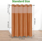 no Hook Shower Curtain and Liner Set，Boho Style with See Through Top Window, BurntOrange Fabric Tufted Striped Textured Outer Curtain & Waterproof Inner Liner, Orange, 71Wx80H