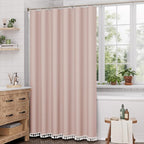 AmazerBath Pink Boho Shower Curtain with Tassels, Modern Farmhouse Shower Curtains for Bathroom, Pink Shower Curtain Fabric, Rustic Faux Linen Shower Curtain Set with Hooks, 72x72 Inches
