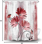 Rustic Farmhouse Shower Curtain, Farm Red Daisy Floral Flowers and Butterfly on Country Wooden Shower Curtain for Bathroom, Light Burgundy Gray Grey Shower Curtain with 12PCS Hooks, 70X75IN