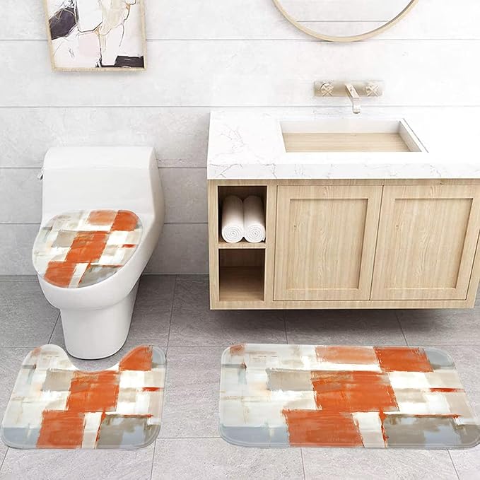 Orange Modern Painting Art Bathroom Shower Curtain Sets with 12 Hooks, 70.8 x 70.8 inches Fabric Shower Curtain, Bath Mat, Toilet Lid Cover, U Shaped Rugs