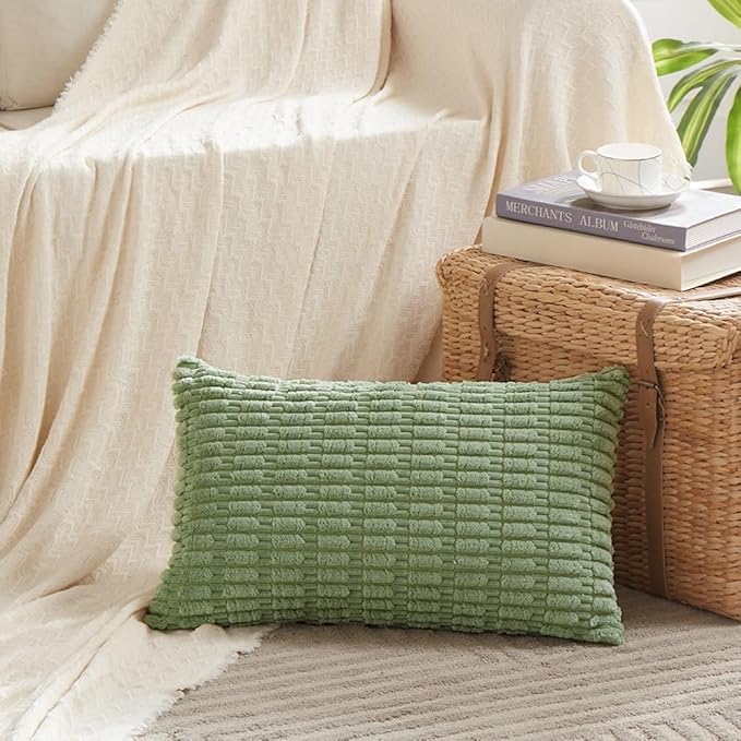 Fancy Homi Sage Green Lumbar Decorative Throw Pillow Covers 12x20 Inch for Living Room Couch Bedroom, Soft Corduroy Rectangle Solid Cushion Case 30x50 cm, Rustic Farmhouse Boho Home Decor