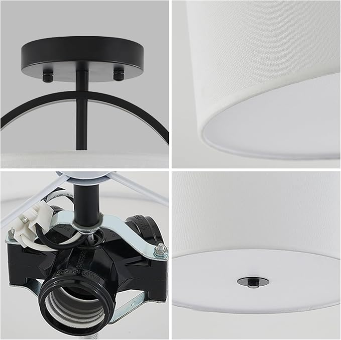 Black Semi Flush Mount Ceiling Light Fixture 12.2'' Drum Light Fixture with White Fabric Shade Lamps 3-Light Modern Ceiling Lights for Bedroom Living Room Dining Room Entryway