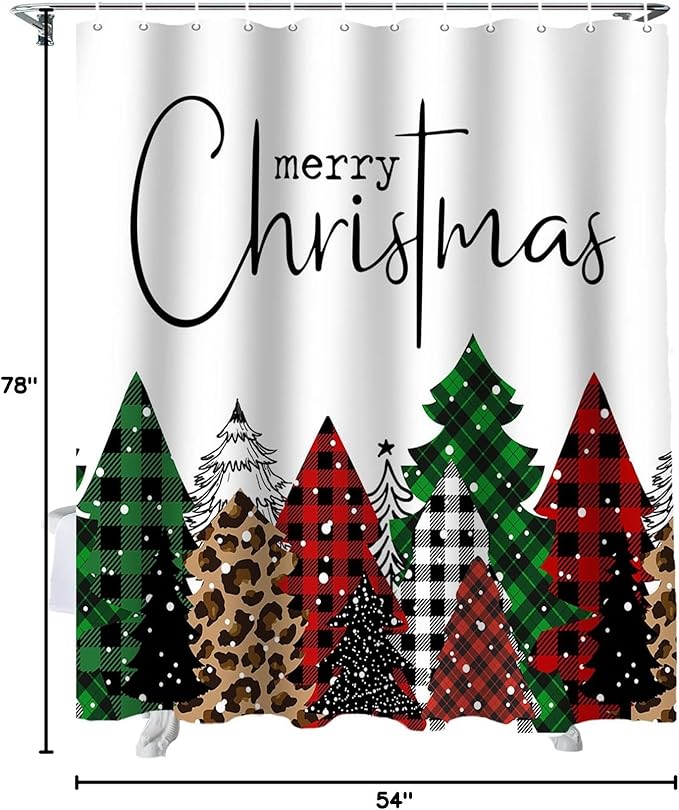 Merry Christmas Shower Curtain, Buffalo Plaid Xmas Tree Winter Forest Farmhouse Shower Curtains Set with Hooks, Red Green Waterproof Fabric Bathroom Curtains Decor Accessories, Stall Long 54 X 78 Inch
