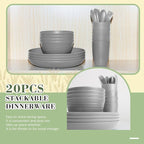 Wrova Wheat Straw Dinnerware Sets of 20,Dishwasher Safe Kitchen Plates and Bowls Sets,Camping Dishes Sets Contains Dinner Plates,Cereal Bowls,Drinking Cups and Flatware.(Grey)