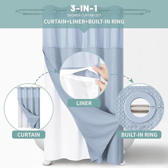 ForstBlue No Hook Waffle Weave Shower Curtain with snap-in Liner Replacement, 230GSM Waterproof Fabric Hotel Shower Curtain Set for Bathroom, Through Mesh Top Window,54Wx80H