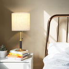 18.9" Set of 2 Small Vintage Table Lamp Bedside Lamps for Bedroom Nightstand Lamp for Living Room 3-Color Temperatures Pull Chain Wood Fabric for Home Office Dorm Decor (Light Brown+Brass)