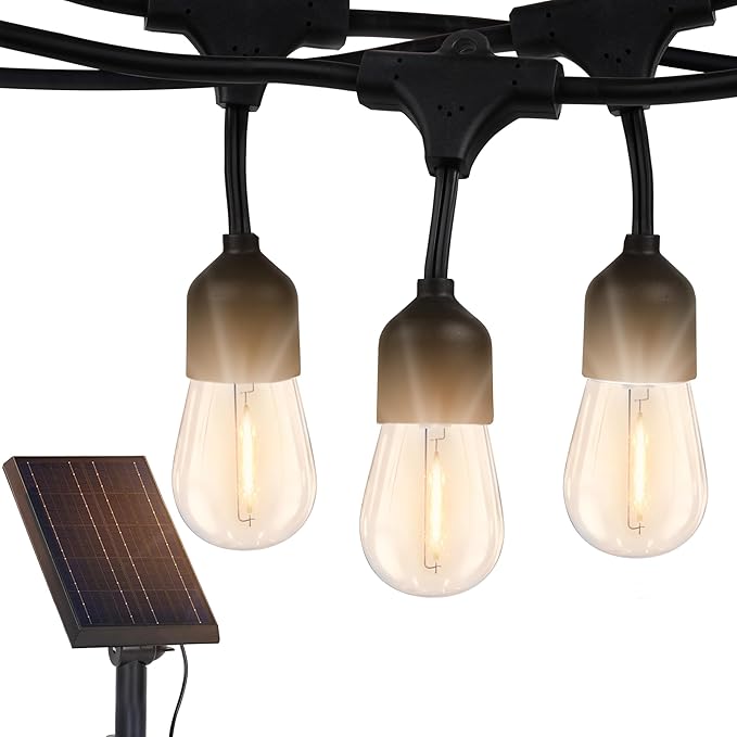 Brightech Ambience Pro Solar Powered Outdoor String Lights, 48 ft Commercial Grade Waterproof Patio Lights, Shatterproof LED String Lights for Outside, Porch - 15 Edison Bulbs, 1W Warm White