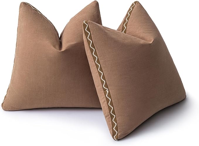 Decorative Neutral Linen Throw Pillow Covers 20x20 Inch Set of 2, Terracotta Boho Farmhouse Pillow Covers with Braid Fringe for Sofa Bed Modern Couch Pillow Cases for Organic Home Decor