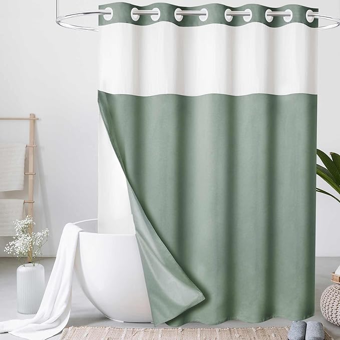 No Hooks Linen Textured Shower Curtain with Snap-in Fabric Liner Set, Hotel Shower Curtain Set for Bathroom with See Through Top Window, Waterproof & Washable, 72Wx74H, Green
