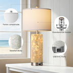 PARTPHONER Coastal Table Lamps for Living Room Set of 2, Bedside Lamps with Night Light, USB A+C Ports, 4-Way Rotary Switch, Seashell Nightstand Lamps for Bedroom and Home Office(LED Bulbs Included)